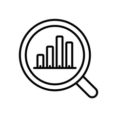 Obraz premium Black outline magnifying glass icon with bar chart, representing business analytics, data analysis, performance tracking, market research, and financial reporting.
