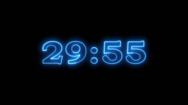 glowing neon 30 minute Countdown. neon 30 to 29 minute Countdown timer on black background.  Neon countdown timer showing thirty minutes on black background motion graphic.