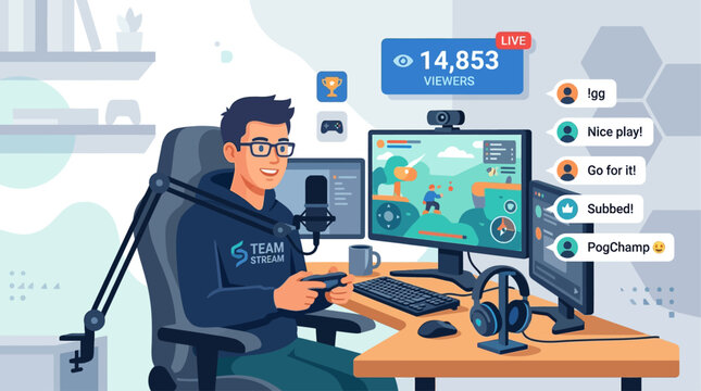 A modern flat design vector illustration depicting a professional gamer engaged in live streaming, surrounded by elements of online interaction. 