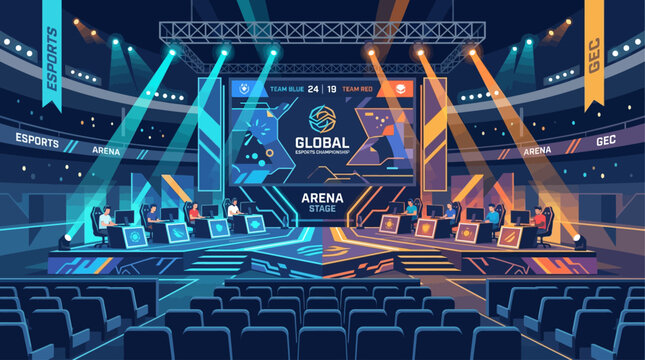 A vibrant flat design vector illustration of a large-scale esports gaming arena stage, complete with illuminated stations and a giant screen. 