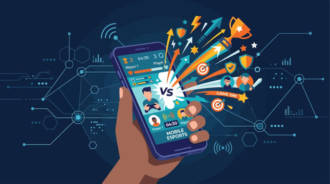 A modern flat design vector illustration showcasing a hand holding a smartphone, with vibrant game graphics emanating from the screen, symbolizing intense mobile gaming competition.