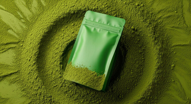 Green Matcha Powder Packaging Pouch Placed on a Circular Bed of Fine Tea Dust in a Minimalist Style