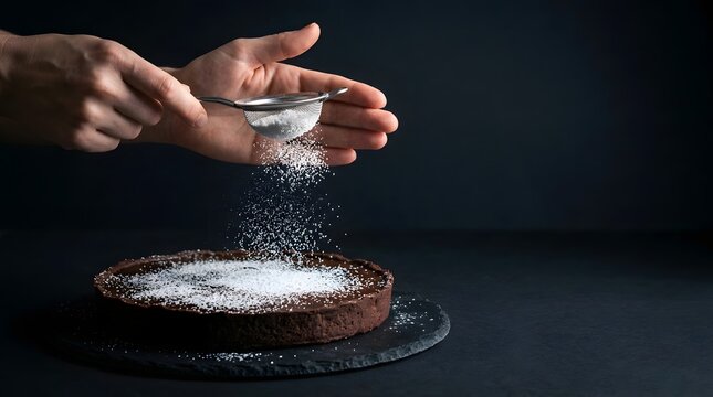 Baker hands dusting powdered icing sugar on delicious chocolate tart cake over dark background