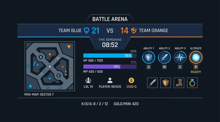 Naklejka premium This flat design vector illustration presents a clean and futuristic user interface element for a battle arena game, showcasing essential in-game information.