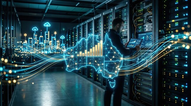 A wide-angle view of a cloud data center overlays a glowing map outline of Australia, with rising bar charts, fiber-optic lines, server racks, and a tablet showing market growth metrics. Blue and gold