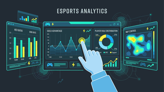 This flat design vector illustration visualizes complex esports data analytics and performance metrics, showcasing the strategic depth and statistical analysis involved in competitive gaming.
