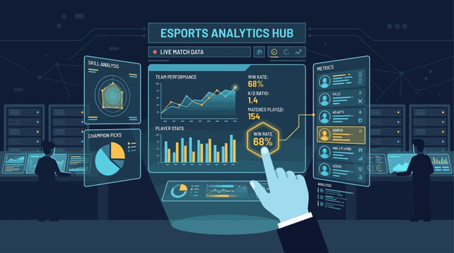 This flat design vector illustration visualizes complex esports data analytics and performance metrics, showcasing the strategic depth and statistical analysis involved in competitive gaming.
