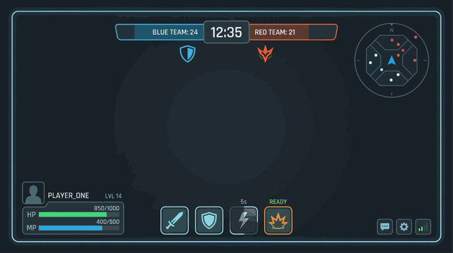 This flat design vector illustration presents a clean and futuristic user interface element for a battle arena game, showcasing essential in-game information.