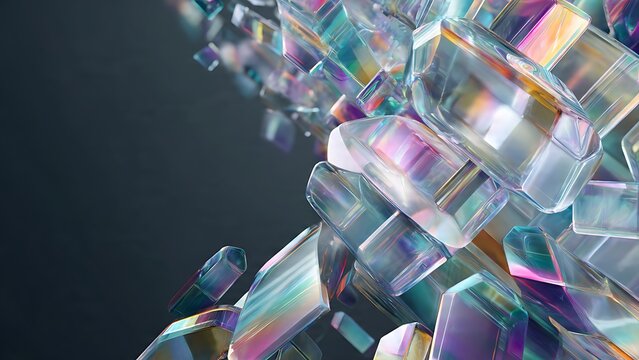 A stunning abstract 3D illustration of translucent, iridescent crystal formations reflecting a rainbow spectrum of holographic light against a contrasting, dark gray copy space.