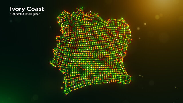 Stylized Ivory Coast map formed by illuminated dotted mesh with glowing green, yellow, and orange nodes, accompanied by Connected Intelligence text on a cinematic bokeh background.