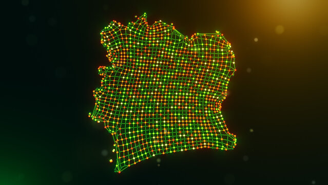 Perspective visualization of the Ivory Coast map created with flowing dotted network lines and luminous green, yellow, and orange nodes over a cinematic dark bokeh background.