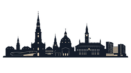 Fototapeta premium Copenhagen city skyline silhouette featuring iconic landmarks like the Marble Church, City Hall, and Church of Our Saviour. Minimalist black vector profile on a white background.