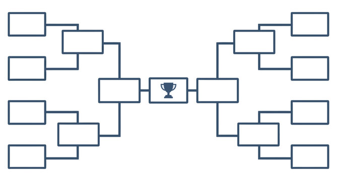 Tournament bracket layout with trophy icon, blue lines on white