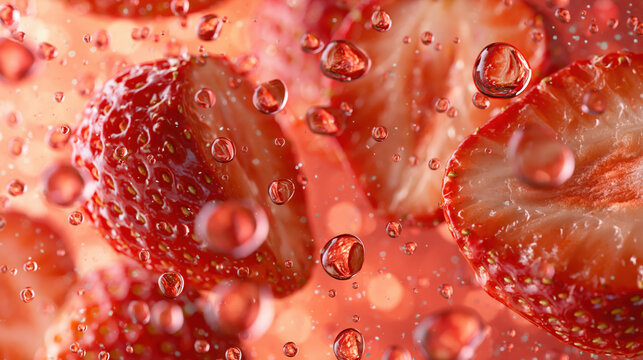fresh strawberry slices with splashing water droplets macro close up