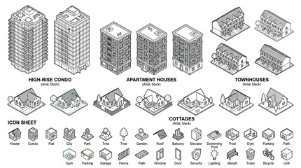 Isometric City Buildings and Icons Set - Houses, Apartments, Condos, Townhouses, Cottages © happy