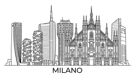 Obraz premium Milan Cityscape Skyline Outline Drawing with Duomo and Modern Buildings