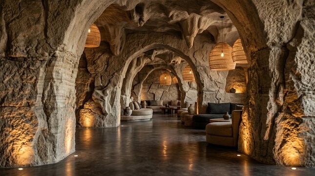 A cave-like interior installation with rough limestone walls, arched openings, warm amber uplighting, woven pendant lamps, and a polished concrete floor, viewed from a wide angle to emphasize layered