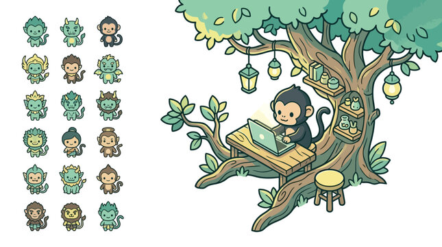 Chibi monkey working on a laptop in a treehouse office with lanterns and a set of eighteen varied animal and monster character icons in a flat vector art style.