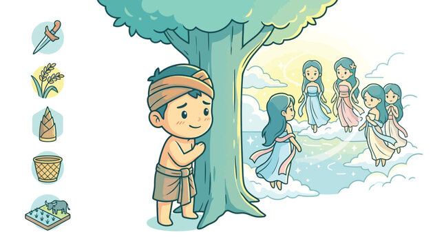Cute chibi flat vector illustration of a man hiding behind a tree watching heavenly maidens descend from clouds, featuring folklore icons of a dagger, rice, bamboo, and buffalo.