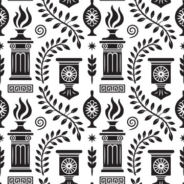 Classic seamless pattern with columns torches and antique laurel wreaths.
