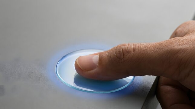 Person Pressing Luminous Blue Biometric Fingerprint Scanner For Secure Access Control Verification