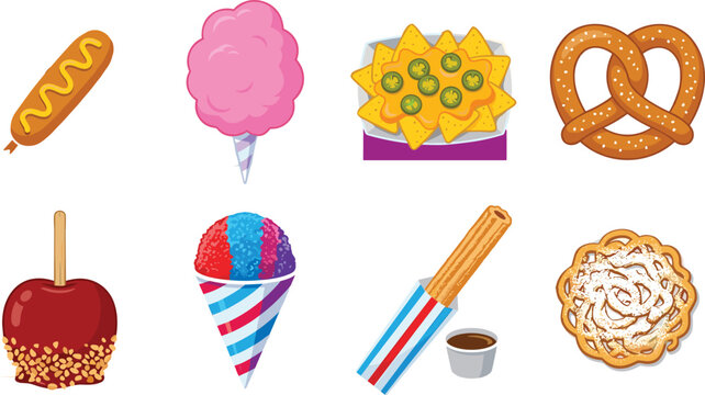 Set of carnival and fair food illustrations featuring corn dog cotton candy nachos pretzel and churro