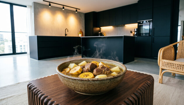 Traditional steaming Colombian sancocho soup served in a ceramic bowl on a wooden coffee table