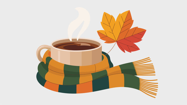 Warm steaming mug of hot beverage wrapped in a striped scarf with an autumn leaf