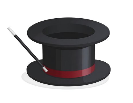 Cartoon-style illustration of a black top hat with a red band, accompanied by a magician's wand, casting a soft shadow