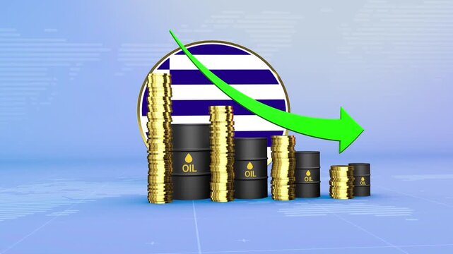 Greece Oil Prices Decline with Oil Barrels, Gold Coins and Downward Green Arrow, 3D Economic and Financial Market Concept