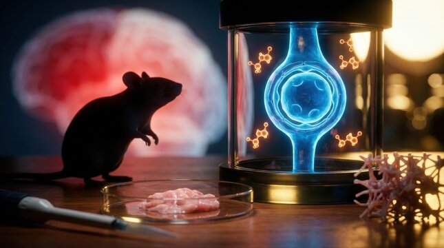 A laboratory mouse silhouette appears beside a brain artery cross-section, where glowing adenosine molecules reinforce a blue blood-brain barrier, while a red ischemic zone recedes and a petri dish