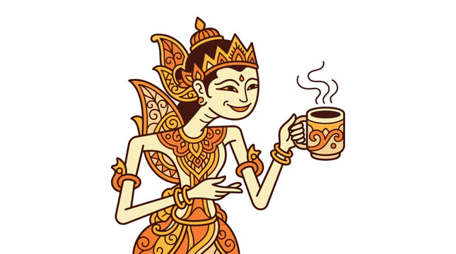 Whimsical vector illustration of a traditional Javanese Wayang Kulit shadow puppet character wearing an ornate headdress and holding a steaming mug of coffee or tea on white background.