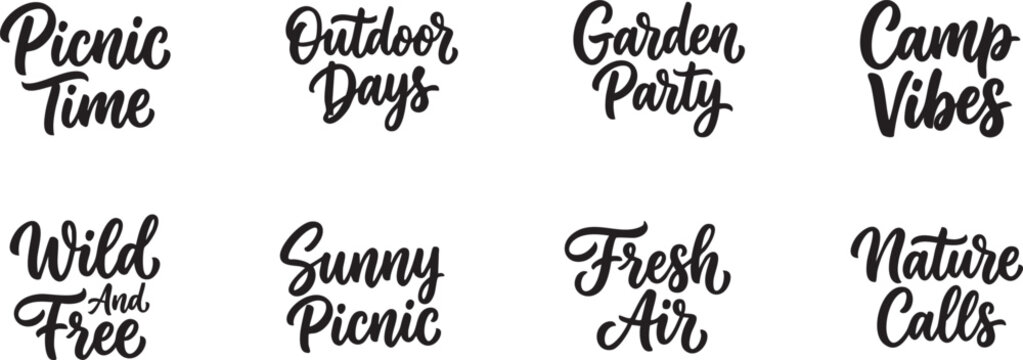 Summer Outdoor Hand Lettering Quote Set Picnic Camp Vibes Nature Wild and Free Typography Vector Design