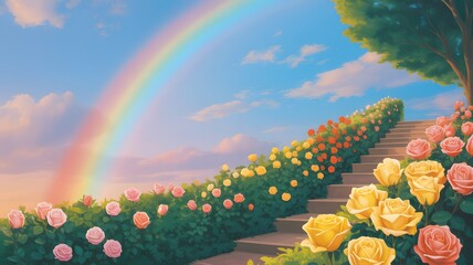 Naklejka premium Vibrant rainbow appears over staircase with colorful roses