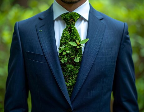 A man in a blue suit with a green tie and foliage inside