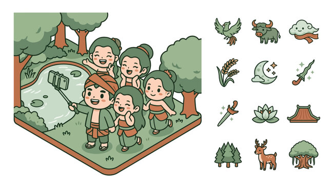 Flat vector illustration of cute chibi characters in traditional Indonesian Javanese attire taking a group selfie in a forest near a pond, accompanied by a set of cultural icons.