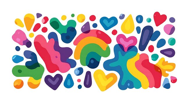 Vibrant abstract vector illustration featuring a colorful pattern of organic shapes, hearts, rainbows, and liquid drops isolated on a white background, ideal for modern creative graphic art.