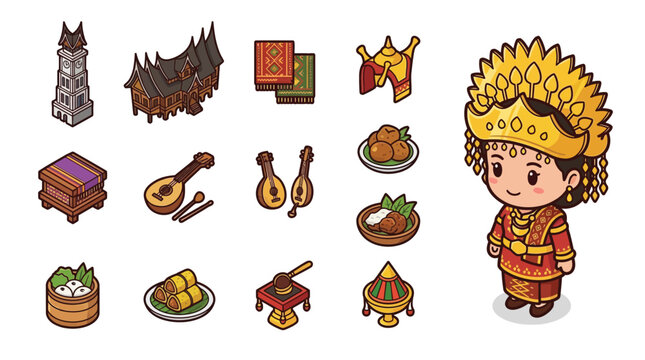 Flat vector illustration set of Minangkabau cultural icons featuring a woman in traditional Suntiang attire, Rumah Gadang house, Jam Gadang tower, musical instruments, and regional food.