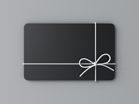Blank black business gift card mock up with white rope bow isolated on gray background with shadow minimal conceptual 3D rendering