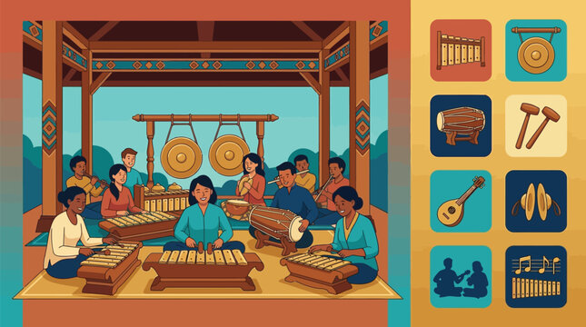 Indonesian Gamelan orchestra ensemble playing traditional musical instruments including gong, kendang drum, and metallophone in a wooden pavilion with flat vector icon set.