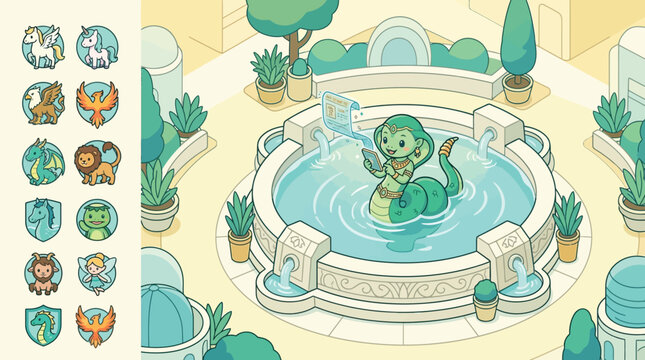 Isometric flat vector illustration featuring a cute chibi naga character sitting in a stone water fountain using a smartphone with a holographic display, plus mythological icons.