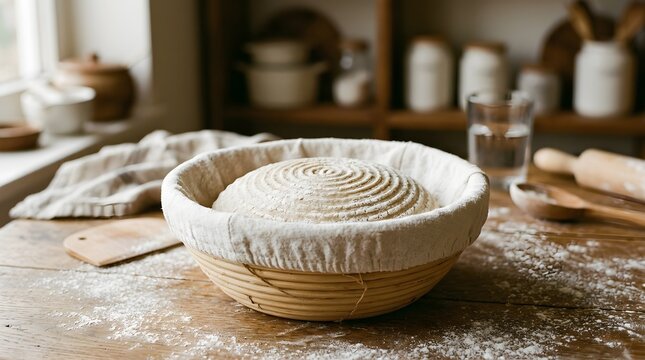 Sourdough bread dough proofing in banneton rattan basket with linen liner on flour dusted rustic wooden table
