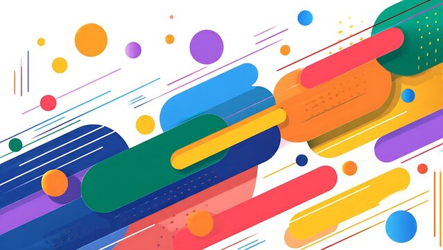 Vibrant abstract geometric banner featuring a dynamic composition of multicolor intersecting diagonal rounded rectangles, circles, and linear motion elements isolated on a white background.