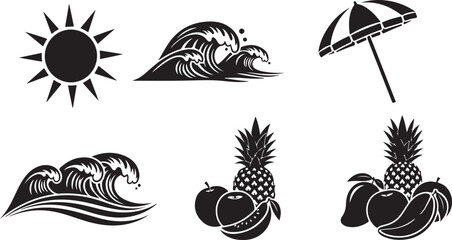 Fototapeta premium Black and white beach scene with sun waves umbrellas and fruit