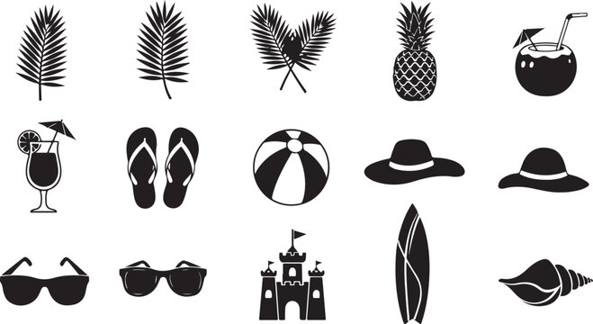 A collection of summer vacation icons featuring palm trees, pineapple, beach ball, and various hats and sunglasses on a sunny day.
