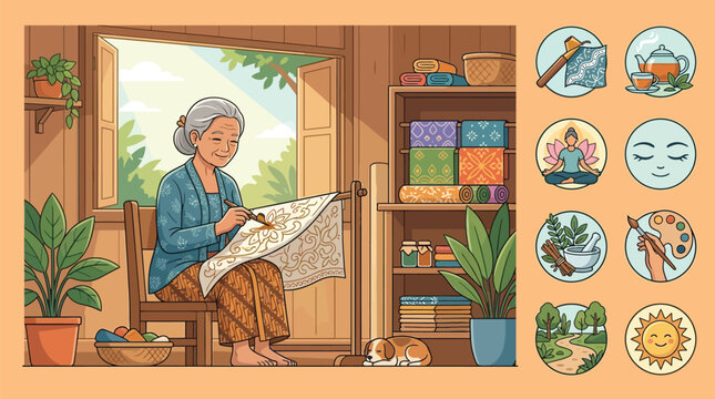 Traditional Indonesian Batik Artisan Woman Drawing Floral Patterns with Canting Tool on Fabric in a Workshop Setting with Lifestyle Icons for Yoga, Tea, Painting, and Nature.