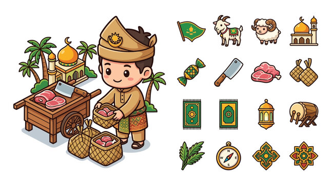 Vector illustration of a cute chibi Malay man in traditional attire preparing meat by a cart, featuring Islamic icons like a goat, sheep, mosque, prayer mat, and lantern for Eid al-Adha.