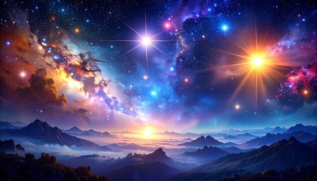 Celestial scene with mountains, nebula, and bright stars painting a vivid space vista