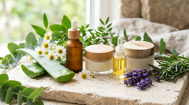 Natural organic skincare products with aloe vera and lavender flowers on a wooden table. exclusive skincare offers