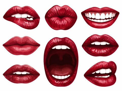 Red lips collection featuring various facial expressions including smiling pouting and shouting isolated on a clean white background graphic set